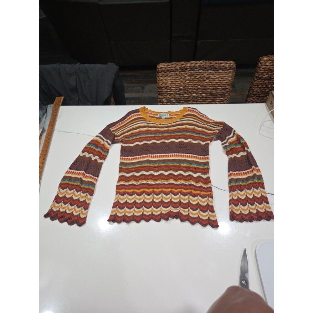 Rockin C Sweater Womens M Crochet Stripe Pointelle Bell Sleeve Western Boho B21